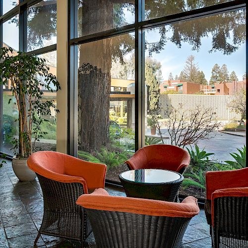 A cozy seating area with four wicker chairs and a glass-top table near large windows that overlook a green outdoor area with trees and buildings.
