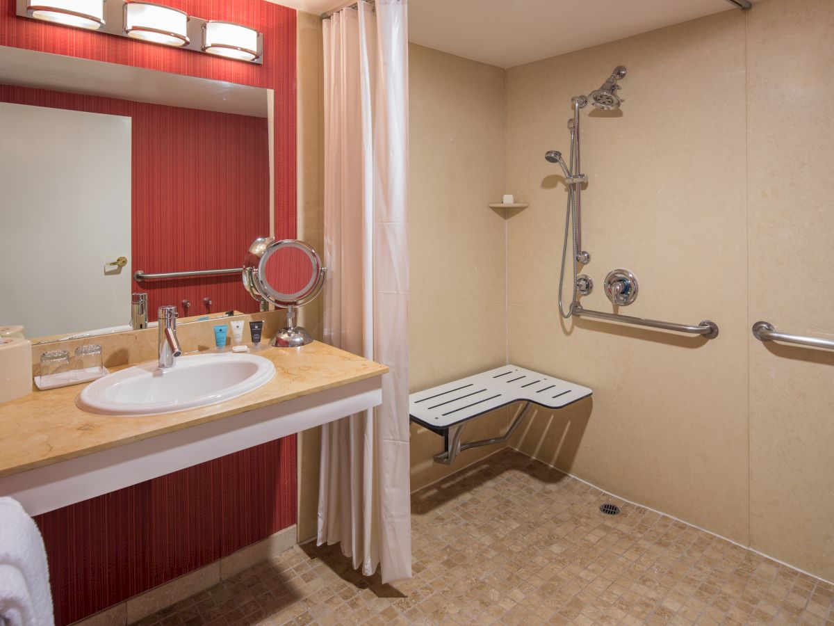 An accessible bathroom features a shower bench, handrails, a vanity with a sink, toiletries, a mirror, and a red accent wall.